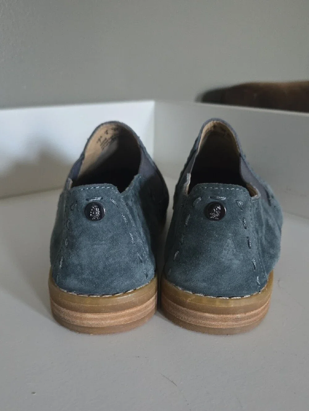 Hush Puppies Slate Blue Suede Slip On Loafers with Tan Crepe Sole